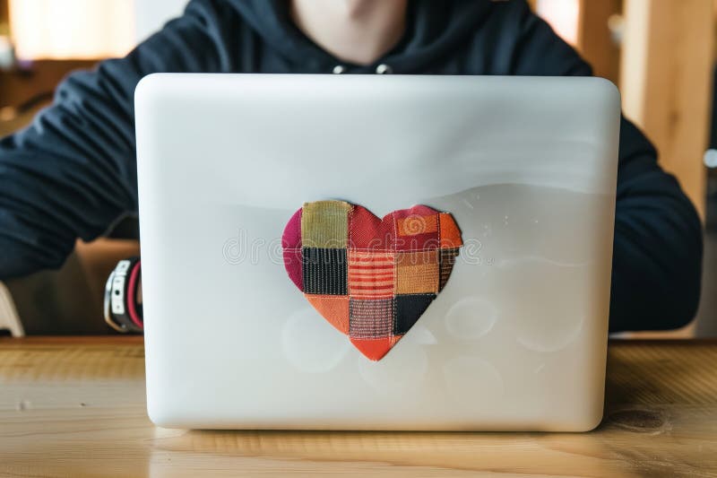 A techie with a laptop sticker in the shape of a patchwork heart royalty free stock image