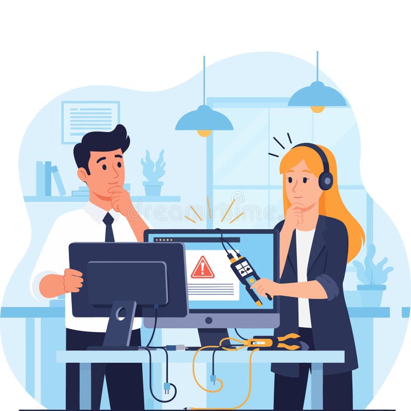 Technical Assistance: Man and Woman Fixing PC Problem vector illustration