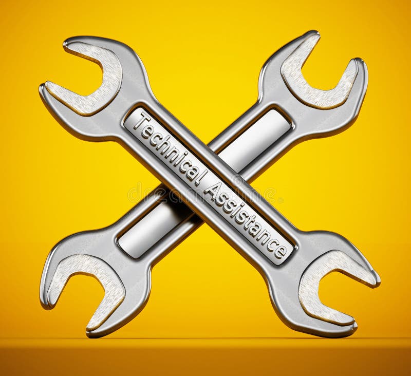 Technical assistance wrenches isolated on yellow background. 3D illustration stock illustration