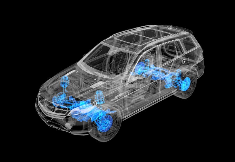 Technical 3d Illustration of SUV Car with Xray Effect. Brakes and