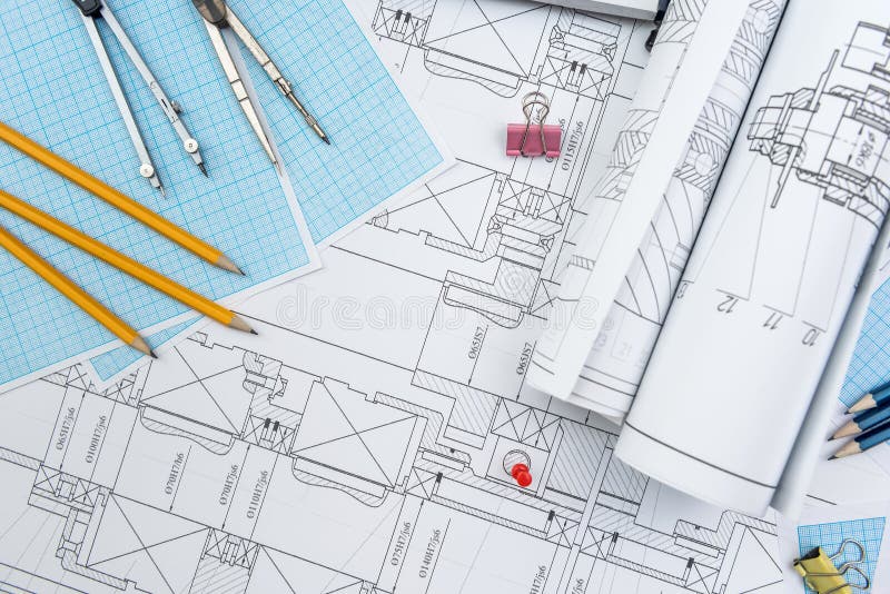 Technical Drawing, Graph Paper and Tools. Engineer Office Team Working