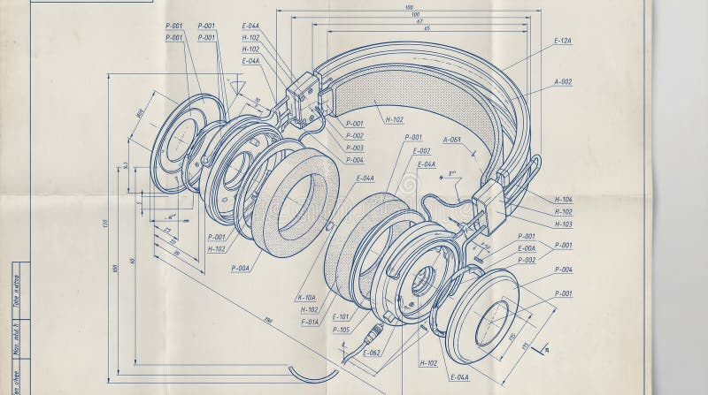 Technical illustration of headphones with detailed components and measurements in blue ink on a light background, suitable for design and engineering reference. Annotations ai stock images, royalty-free photos and pictures
