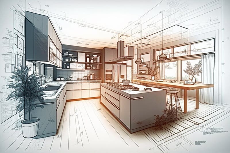 A Technical Drawing of a Kitchen with 3D Visualization Stock Image Image of sketch, renovation