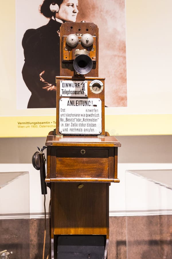 The technical museum in Vienna exhibits the production of history of the development of the telegraph and telephone represents the stock photography