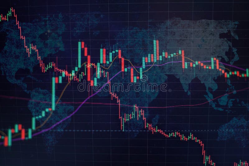 Technical price graph and indicator, red and green candlestick chart on blue theme screen, market volatility, up and down trend.