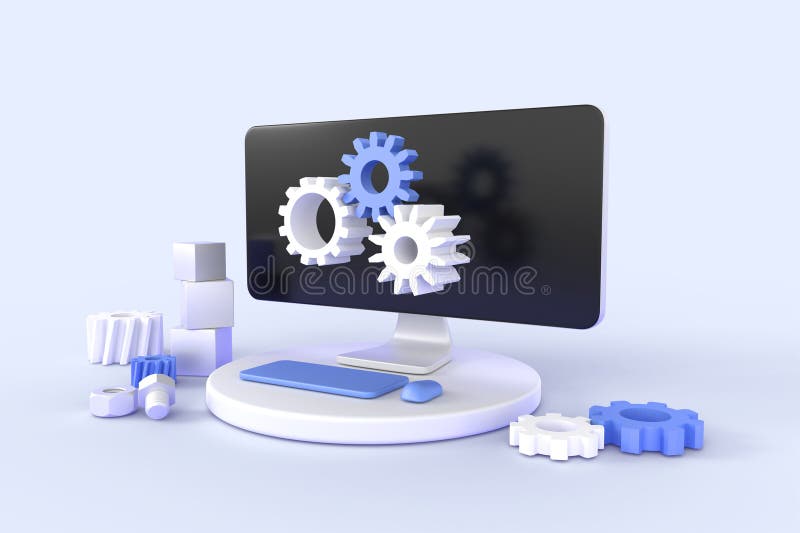 Technical support isometric 3d render. Computer service with gears on pc screen, software development. Concept of vector illustration