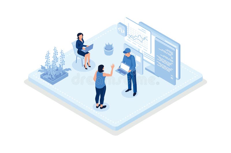 Technical support teams working together to build an engineering system. Software development and it operations concept, isometric stock illustration