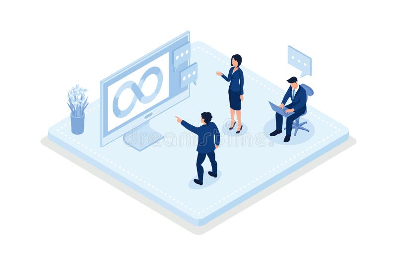 Technical support teams working together to build an engineering system. Software development and it operations concept, isometric vector illustration