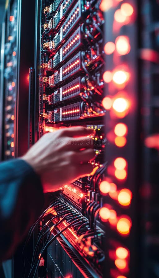 Technician Adjusting Server Cables with Active Data Transfer Lights in a Network Rack royalty free stock photos