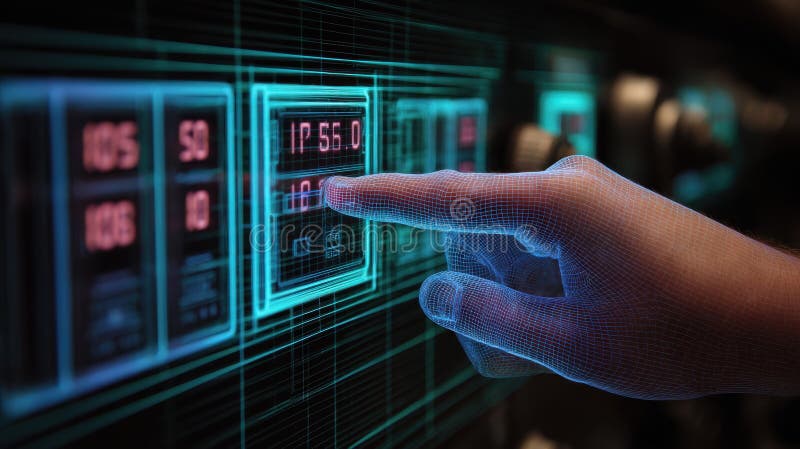 Technician adjusting settings on ozone tunnel control panel with digital readouts royalty free stock photography