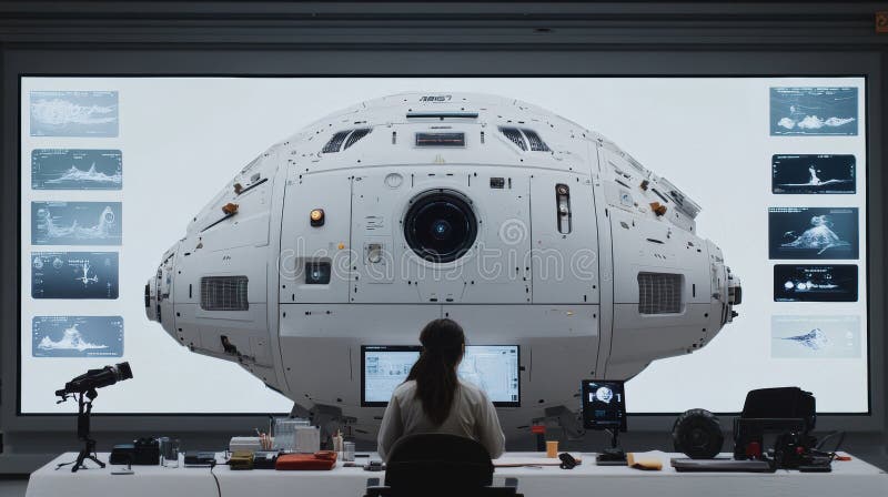 Technician in advanced lab working with AI-powered tools and futuristic space module. Innovation, artificial stock photos