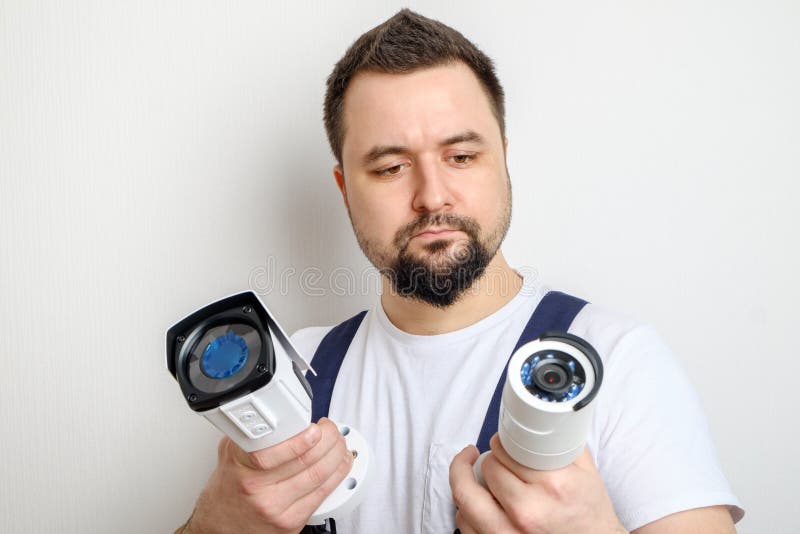 Worker Reparing or Setting Up Video CCTV Camera Stock Image Image of