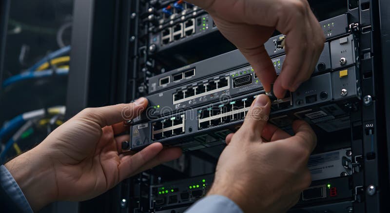 Technician configuring network equipment in server room vector illustration