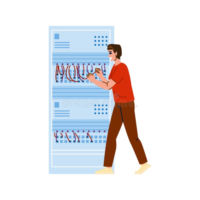 Technician connecting wires in server rack, performing maintenance and configuration of network equipment royalty free illustration