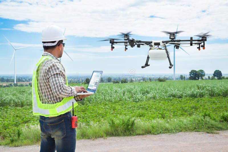 Technician Farmer Use Wifi Computer Control Agriculture Drone