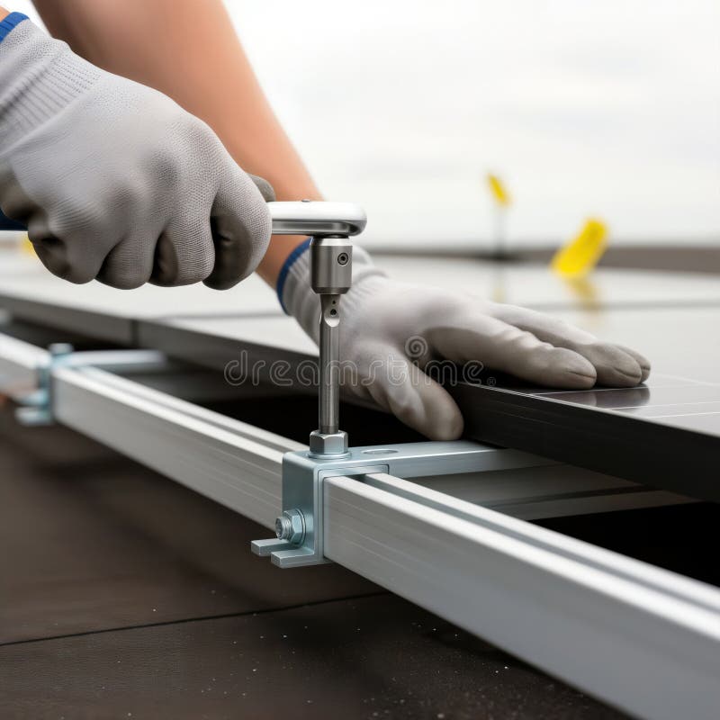 Technician Tightening Bolt on Solar Panel, generative ai vector illustration