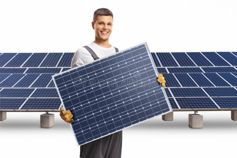 Technician Holding a Solar Panel and Smiling at a Solar Farm Stock