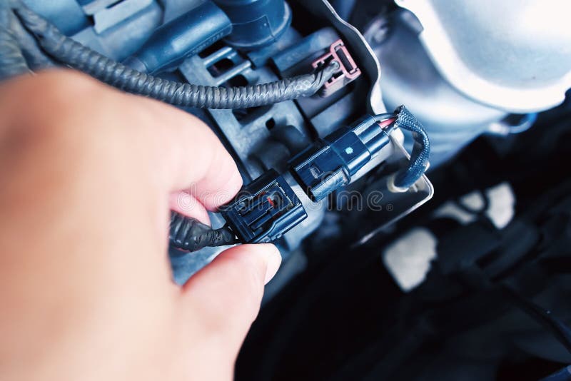 Technician Inserting the Alternator or Generator Plug of the Car in the