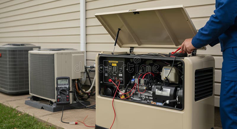 Technician Inspecting Home Generator with Multimeter Outdoors, one person royalty free illustration