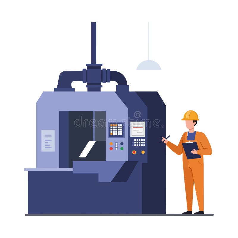 A technician inspecting a large industrial machine in a modern factory setting, featuring flat design elements and vibrant colors vector illustration