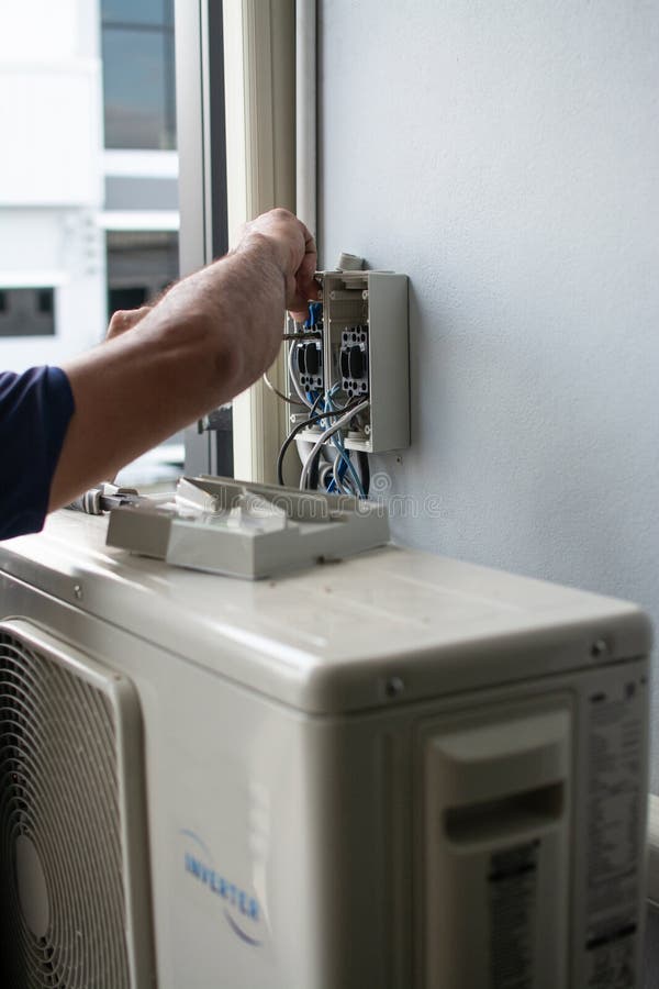 Technician Install Air Conditioner Outdoor Unit Stock Photo Image of suction, grey 299936590