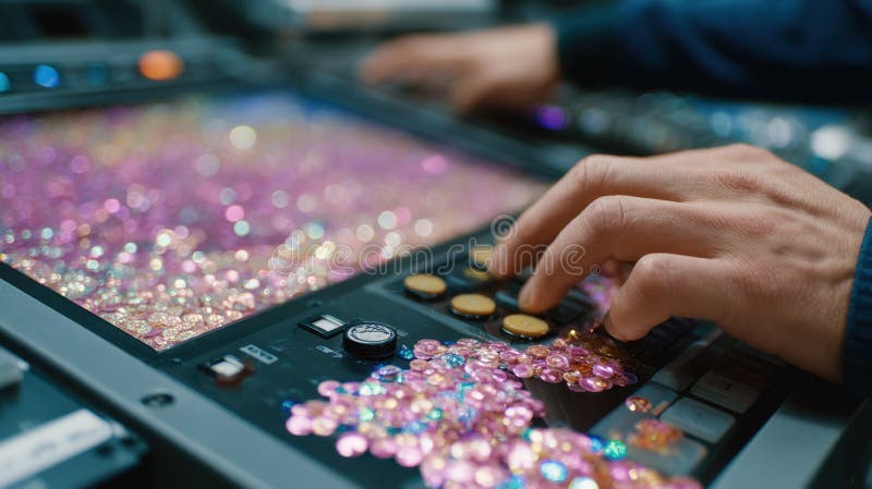 Technician operating control panel covered in colorful sequins royalty free stock image