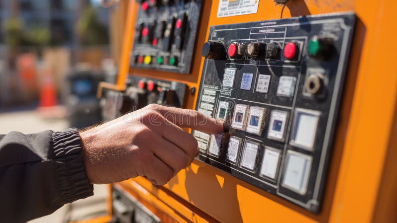 Technician operating vibrocompaction machinery control panel for earthquake resistant construction royalty free stock photography