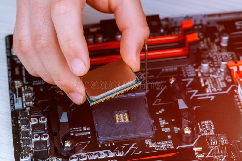 The technician is putting the CPU on the socket of the computer motherboard. the concept of computer hardware, repairing stock image