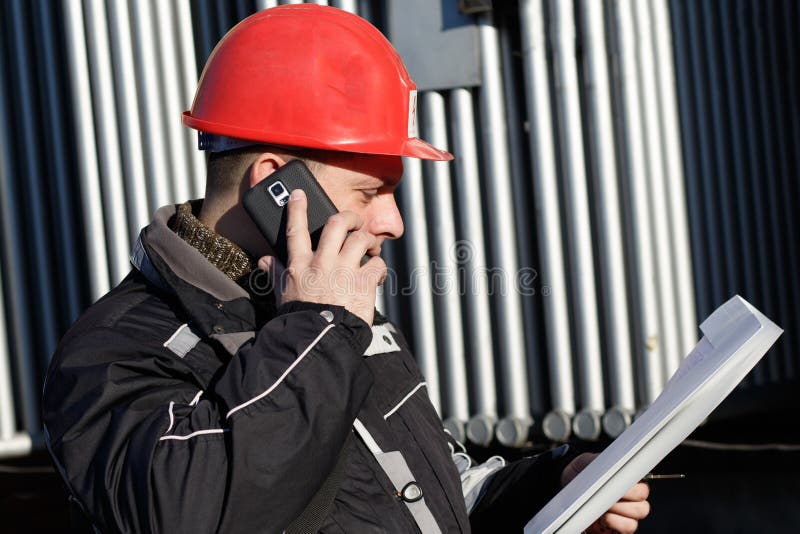 Technician in Red Helmet Make Call in Power Plant Stock Image Image