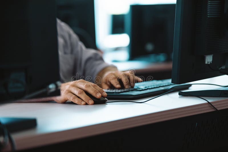 It technician repairing hardware using computer in a training ce stock photo