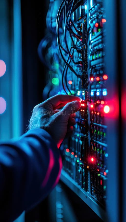 Technician Adjusting Server Cables with Active Data Transfer Lights in a Network Rack royalty free stock photos