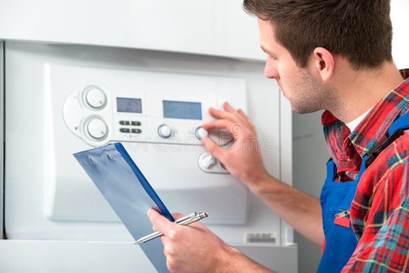 Technician Servicing Heating Boiler Stock Image Image of checklist