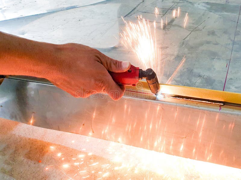 Technician Uses Plasma Cutting Stainless Steel Sheet Stock Photo