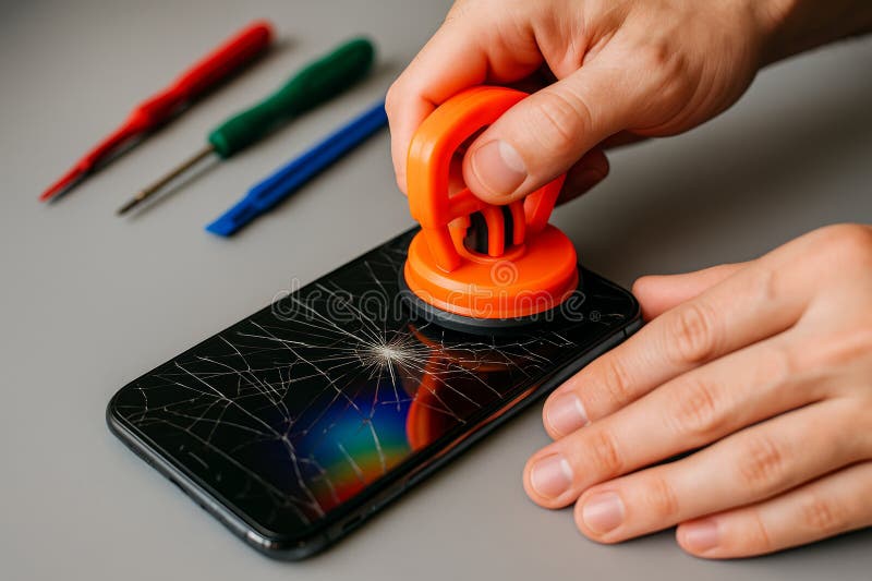 Technician using suction tool to remove broken screen from smartphone. royalty free stock photography