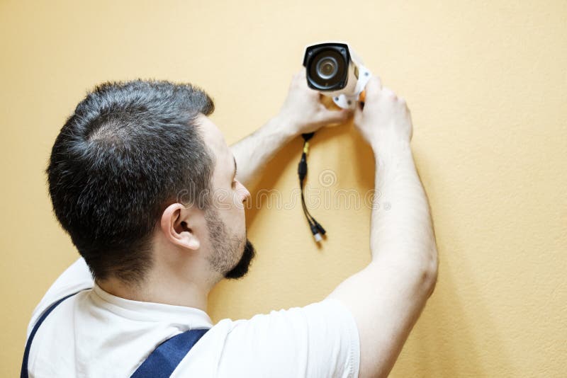 Technician Worker Installing Video CCTV Camera Stock Photo Image of
