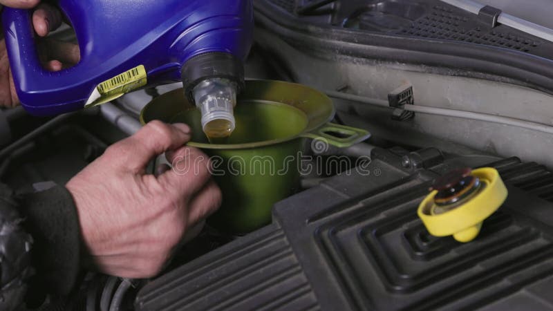Technicien ajoutant de l'huile à moteur dans le moteur du véhicule en utilisant un entonnoir en plastique vert pendant la procédur clips vidéos
