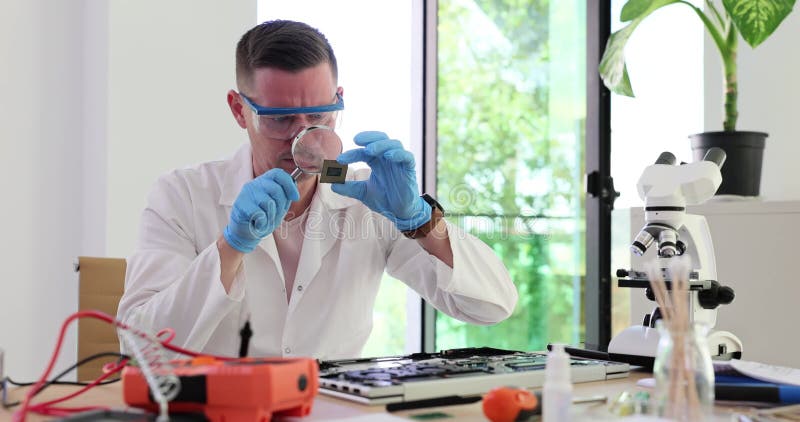 Technicien en génie portant des lunettes utilise de la loupe pour examiner les circuits