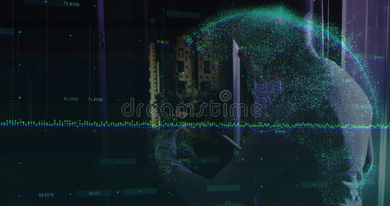 Technicien masculin travaillant sur le rack serveur dans le datacenter avec des superpositions néon vert et bleu illustration de vecteur
