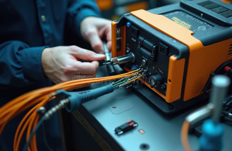 Technik łączy kable światłowodowe za pomocą maszyny do łączenia pro-splicing. Nowoczesna technologia szybka komunikacja internetow ilustracji
