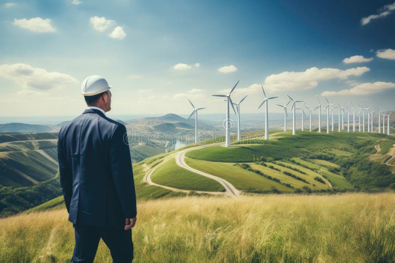 Techniker für erneuerbare Energien mit Windkraftanlage auf einem grünen Hügel. generative Hilfe vektor abbildung