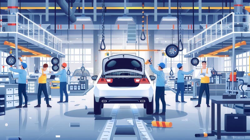 Techniker installieren und überprüfen sorgfältig Fahrzeuginterieure, um Qualität und Effizienz im geschäftigen Automobil zu gewähr stockfotos
