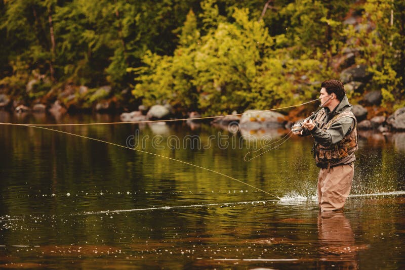 Technique for Fly Fishing in Mountain River, Instructions Stock Photo