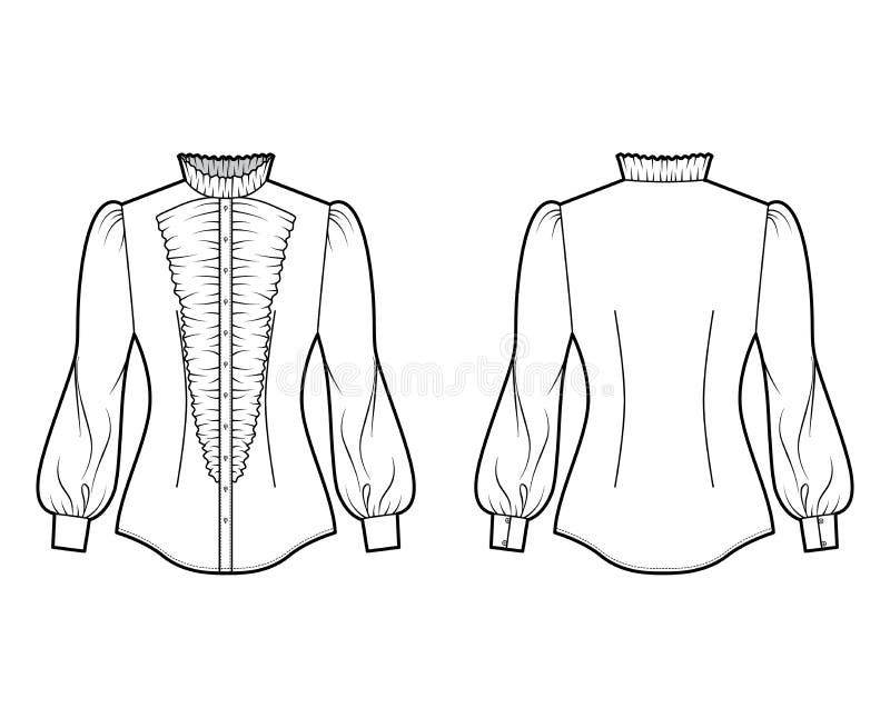 Shirt habit technical fashion illustration with long puff sleeves, jabot, slim fit, frilled collar, button-down, vintage. Flat template front, back white color. Women men top CAD mockup. Shirt habit technical fashion illustration with long puff sleeves, jabot, slim fit, frilled collar, button-down, vintage. Flat template front, back white color. Women men top CAD mockup