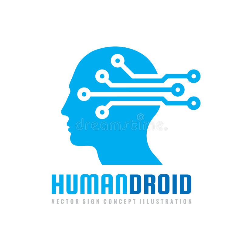 Techno human droid head vector logo concept illustration. Creative idea sign. Learning icon. People computer chip. Innovation. stock illustration