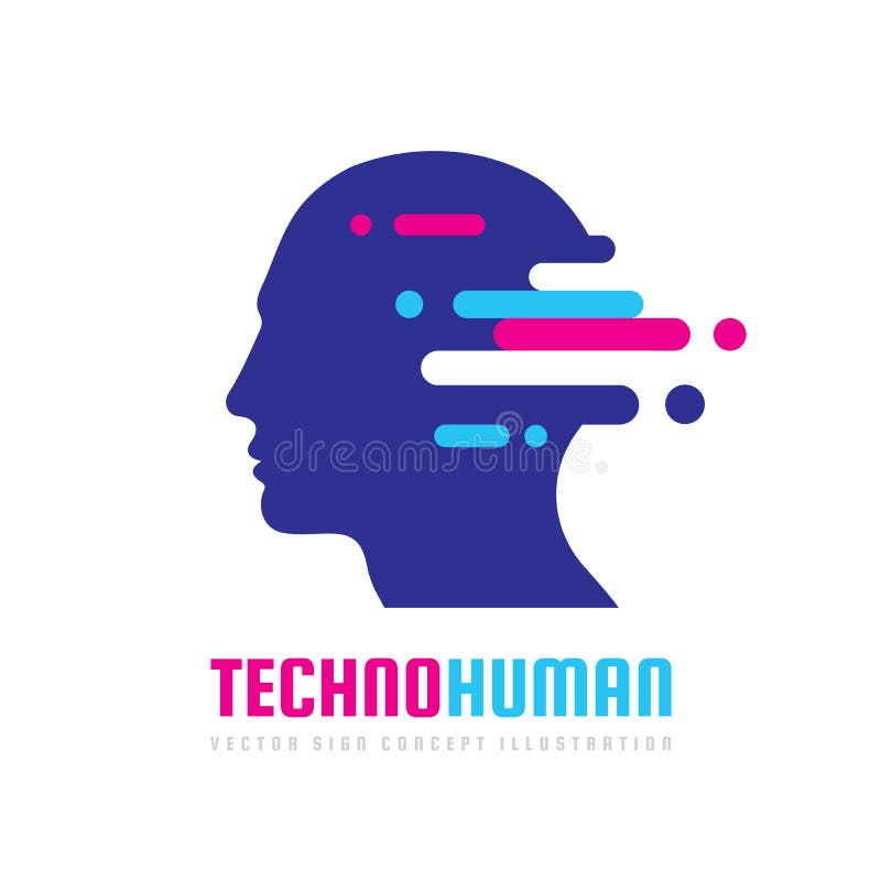 Techno human head vector logo concept illustration. Creative idea sign. Learning icon. People computer chip. Innovation technology royalty free illustration