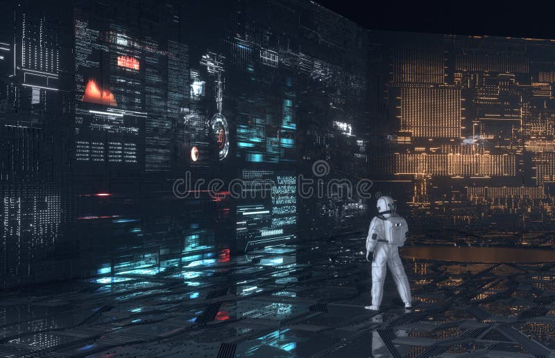 Technologia ciemnego pokoju. Astronauta patrzy na futurystyczne ekrany w ciemnym tle sci fi. to jest ilustracja renderowania 3d