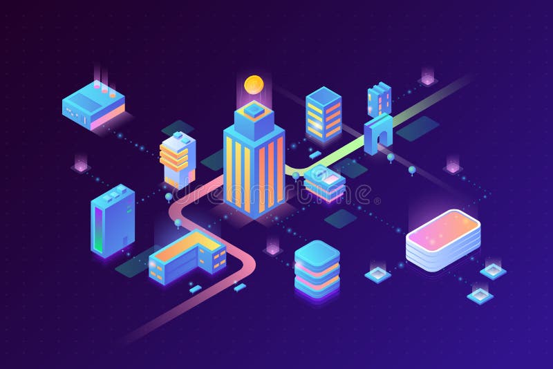 Technologia Smart Digital Virtual City i Stream Data Center Blockchain Technologia izometrycznej ilustracji wektora royalty ilustracja