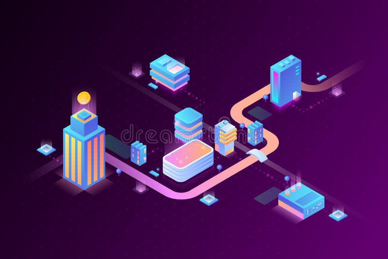 Technologia Smart Digital Virtual City i Stream Data Center Blockchain Technologia izometrycznej ilustracji wektora royalty ilustracja