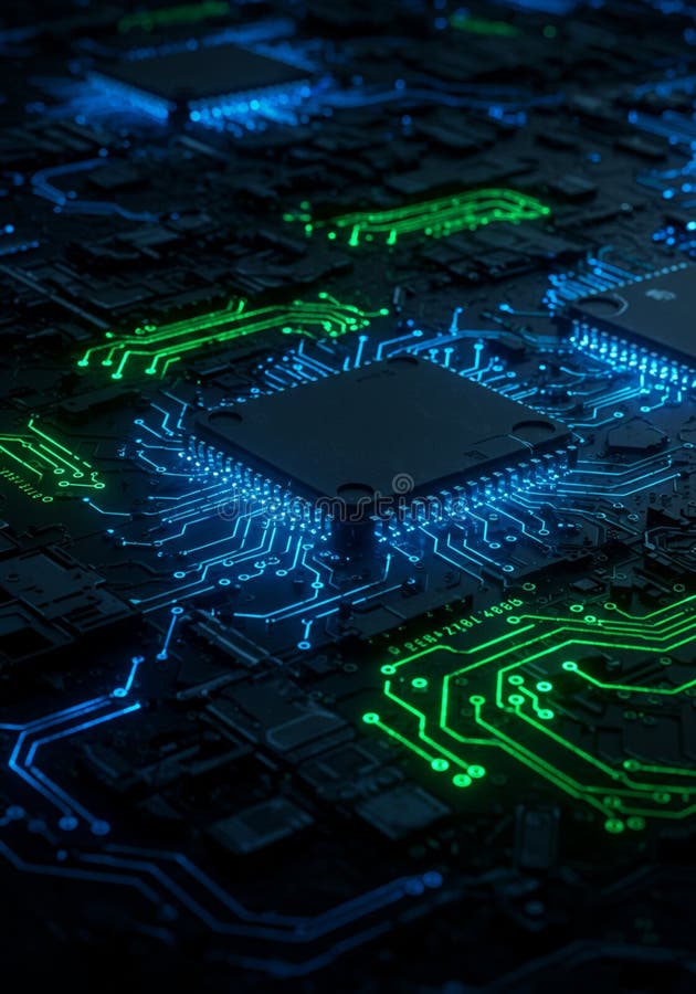 Technologia świecących płyt głównych Blue and Green Circuit ilustracja wektor