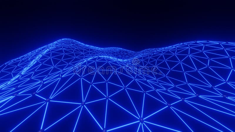 Technological abstract 3d background of triangles with neon effect in wide angle perspective vector illustration